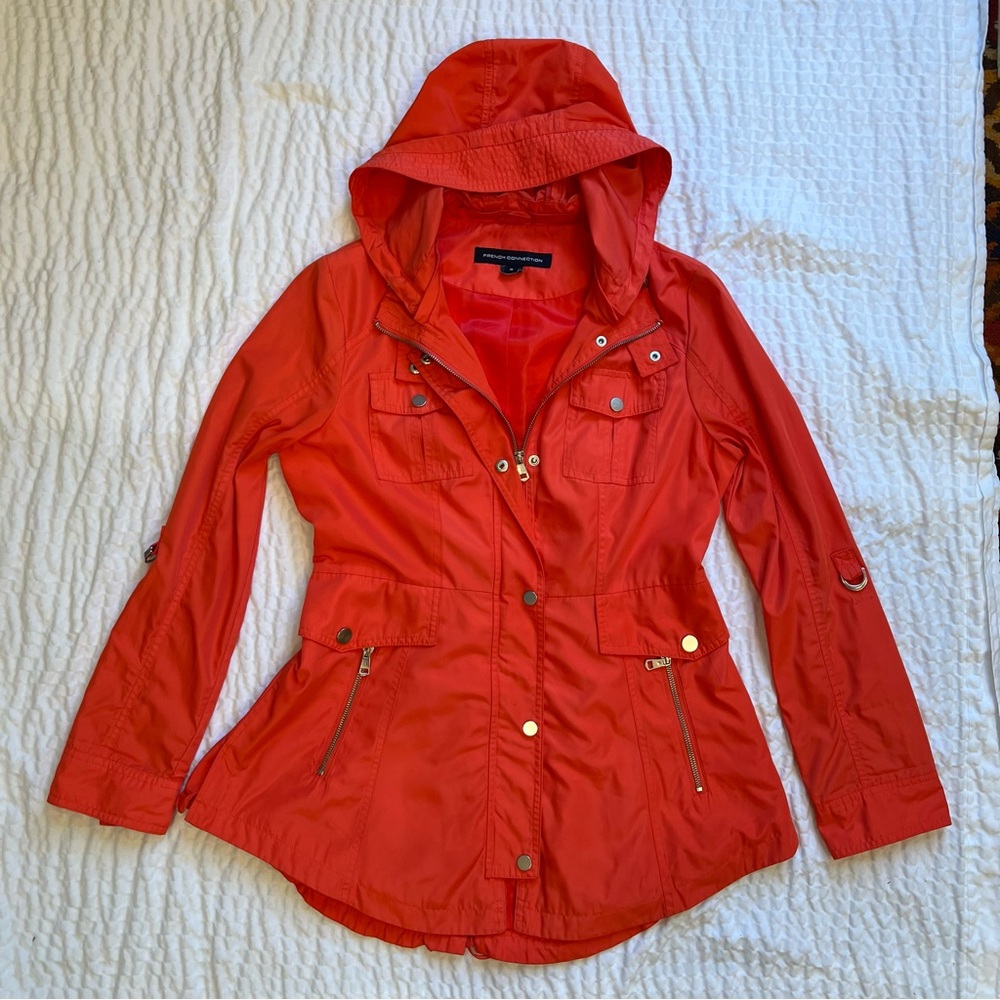 French Connection Hooded Jacket Women M Pink Red Lightweight Spring Rain Coat